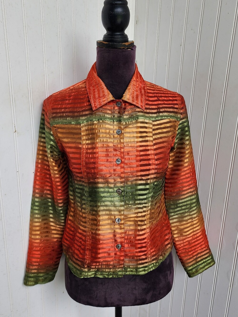Scott Taylor Women's Blouse Top Orange Green Multi Stripe Button Front  PS